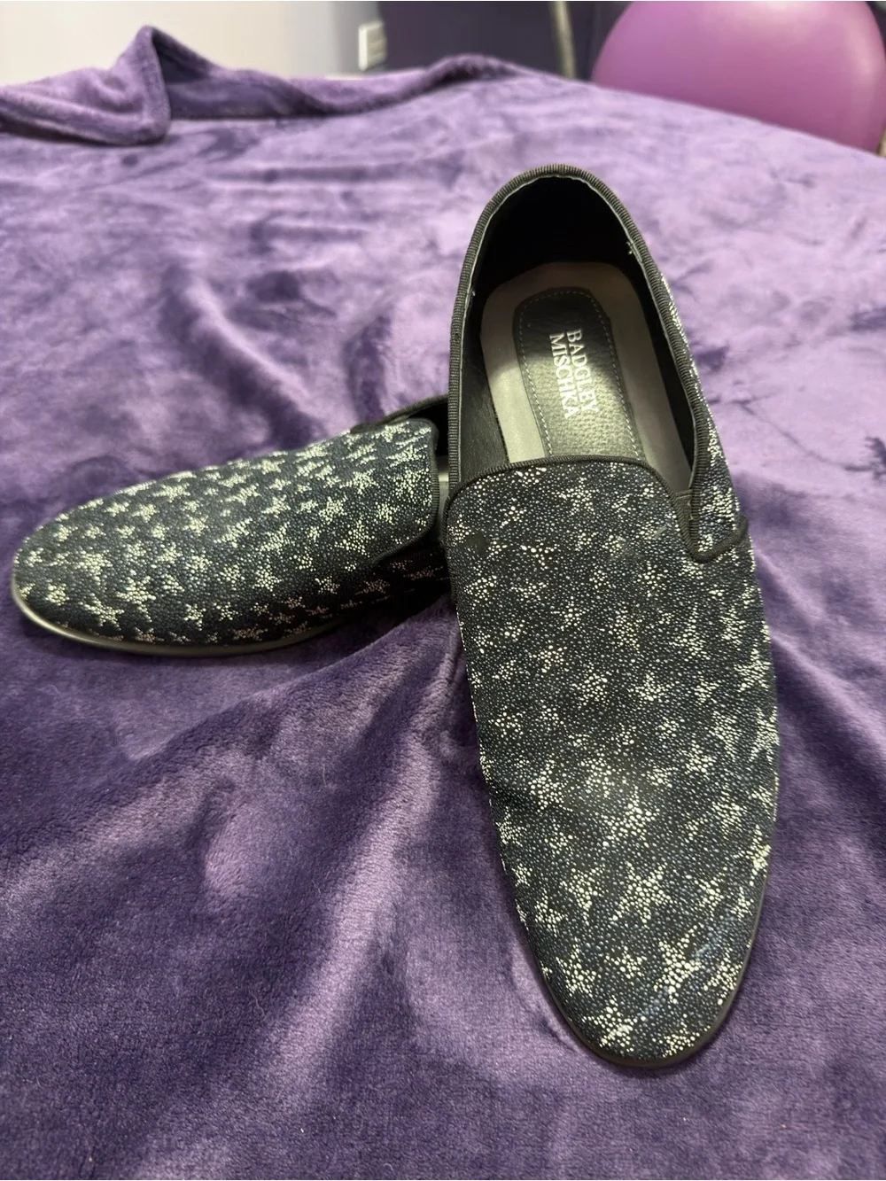 Badgley Mischka Midnight Blue Slip-On Loafers with Silver Star Pattern